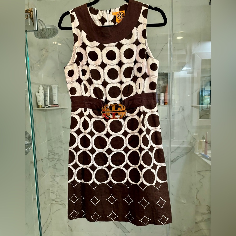 Tory Burch brown 100% Linen Shift Dress with Gold Buckle Size 8